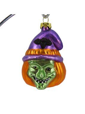 Department 56 Green Witch Purple Bat Glitter Blown Glass Ornament Halloween